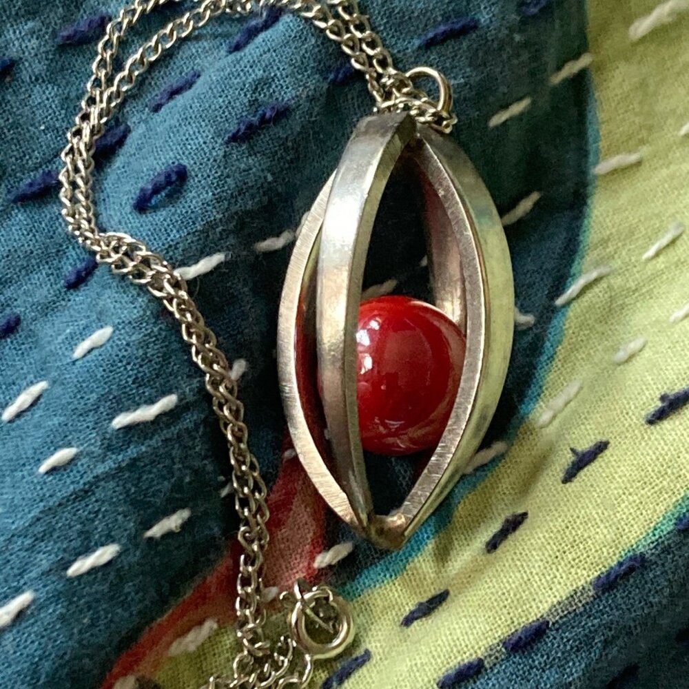 Vintage Caged Marble Pendant Necklace Modernist Silvertone Chunky Artsy